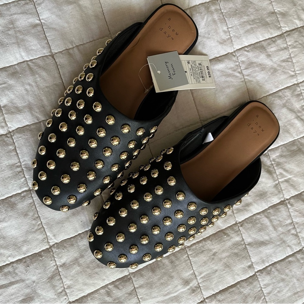 A New Day Black and Gold Mules with Pointed Toe
